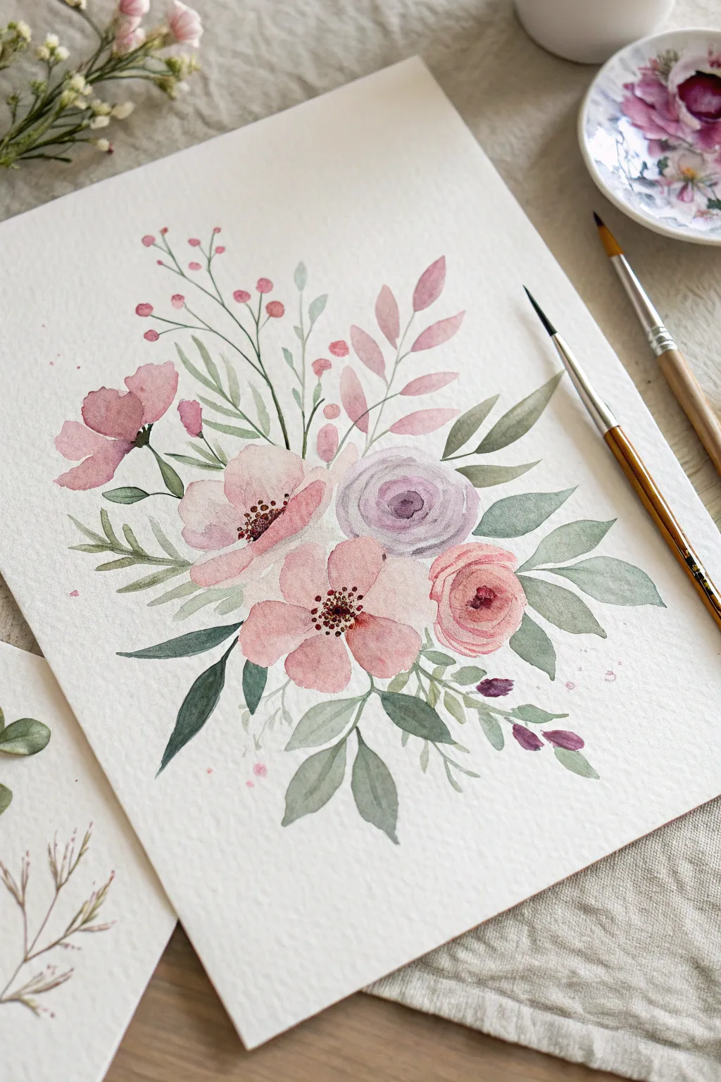 Loose watercolor flowers with airy petals and soft greens, simple and soothing to paint