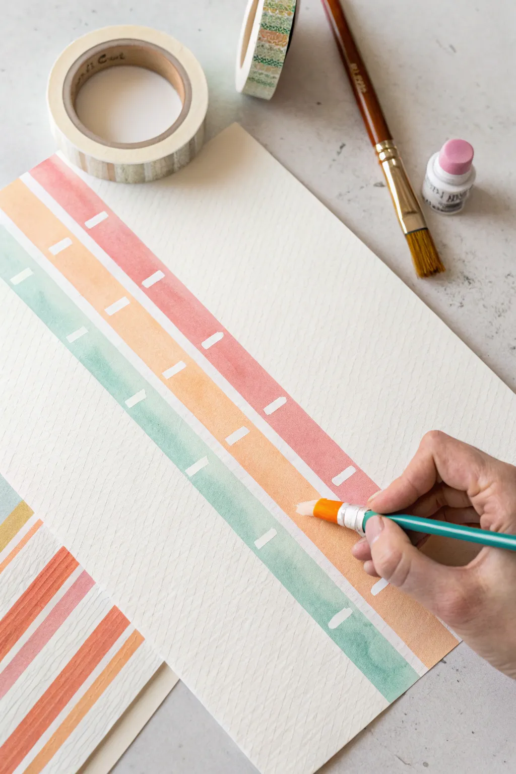 Easy tape resist stripes: peel to reveal crisp geometric lines, calming and beginner friendly