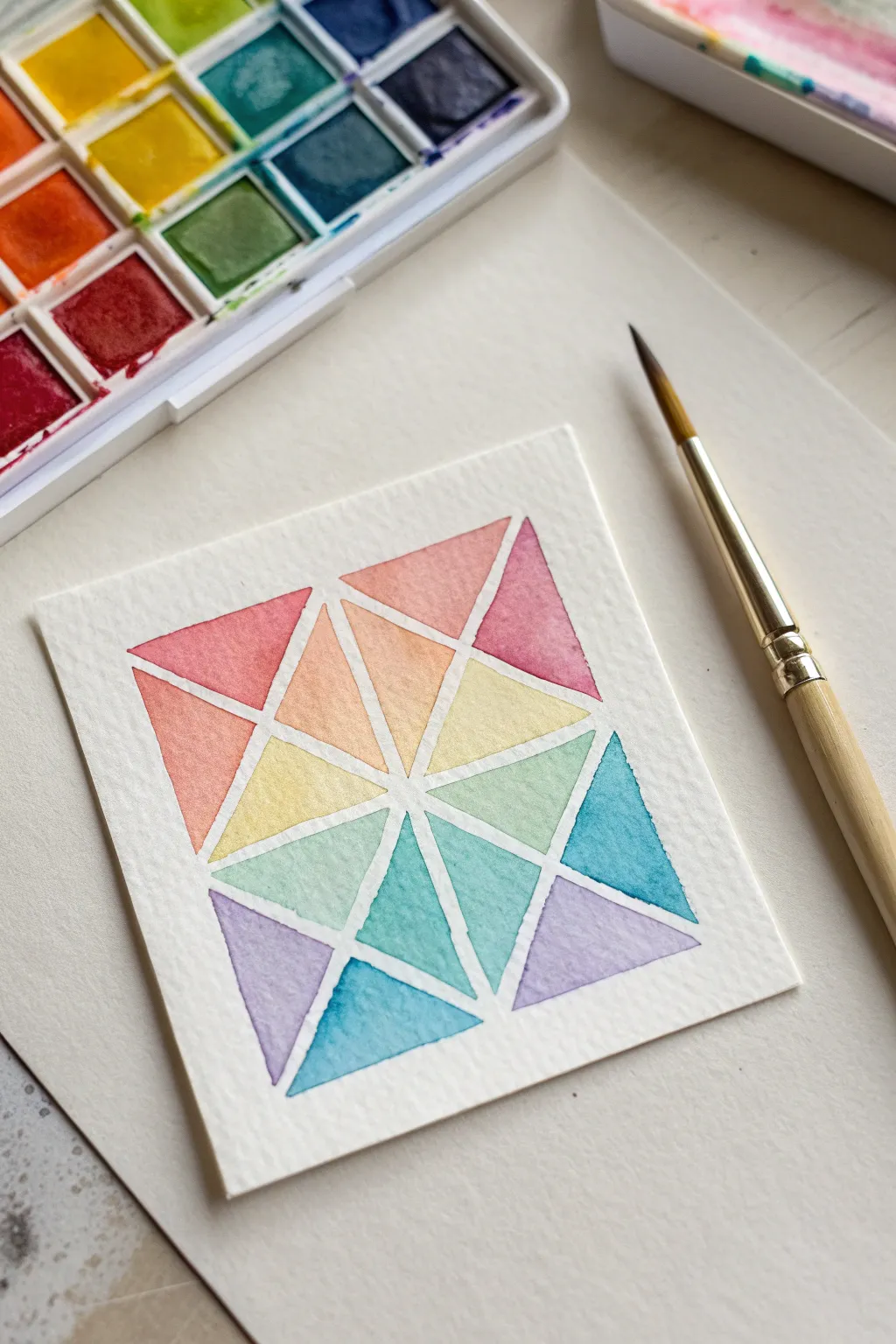 Crisp tape-resist lines reveal bold geometric rainbow blocks in a clean, kid-friendly mini painting.