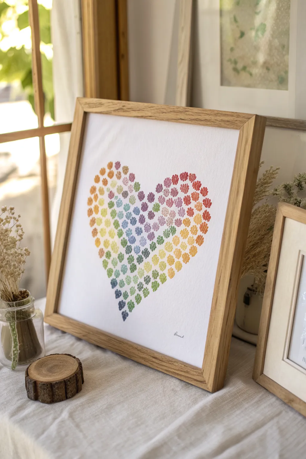 Sweet fingerprint heart wreath craft on white paper, perfect DIY gift idea for Grandma.