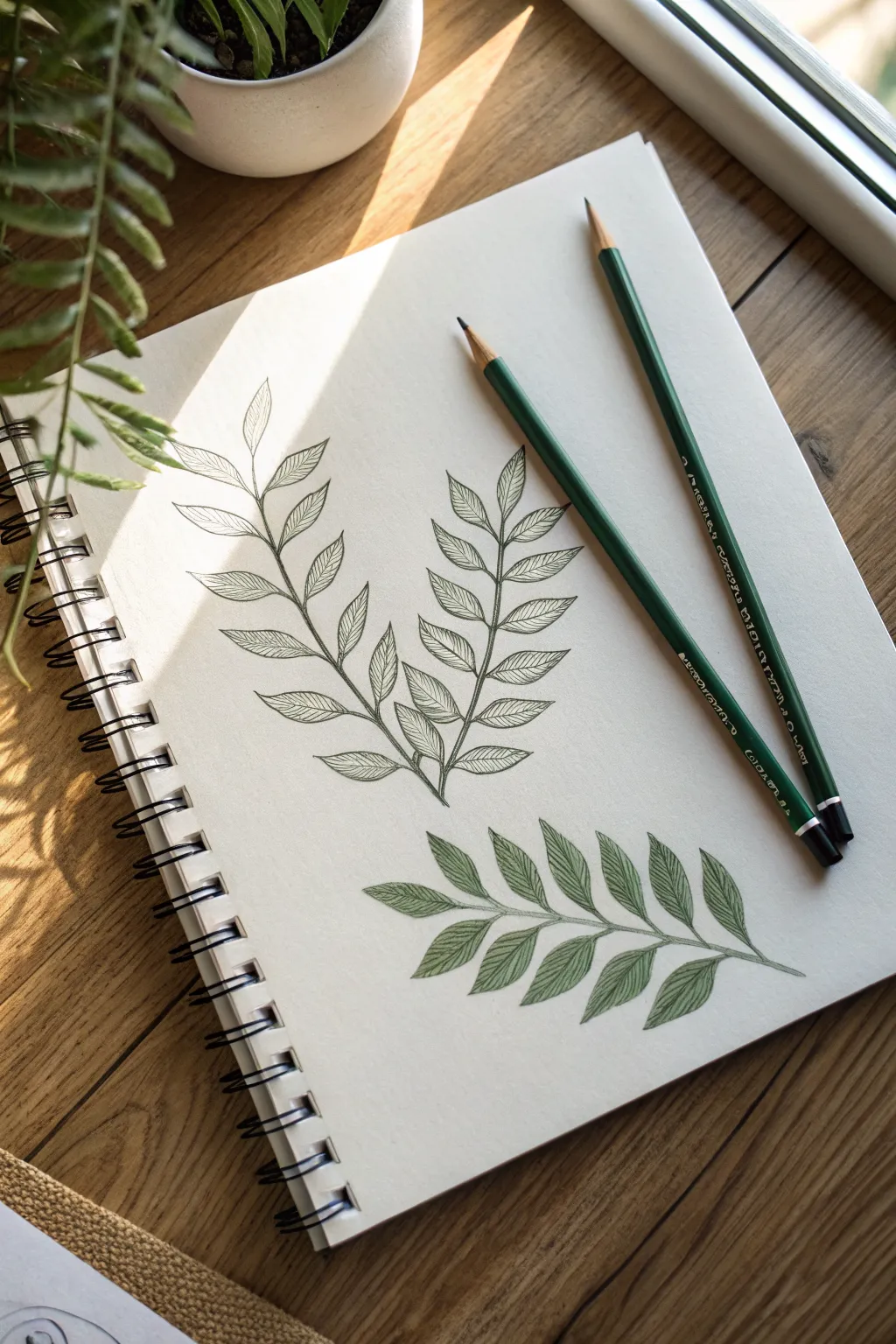 Practice blending greens with a simple leafy branch study, clean lines and calming minimal style.