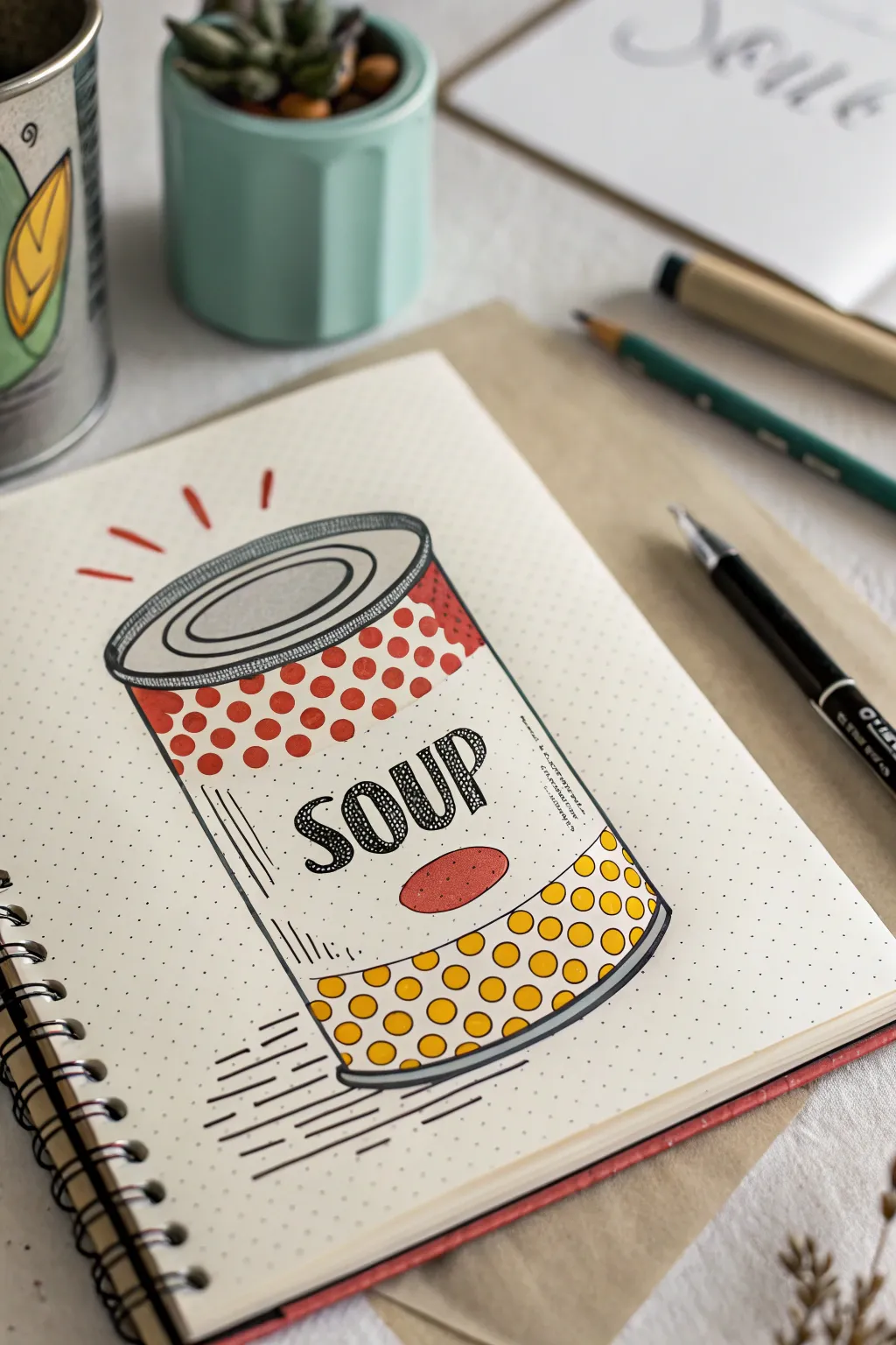 Redesign a classic soup can in bold pop art shapes, minimal lines, and punchy contrast