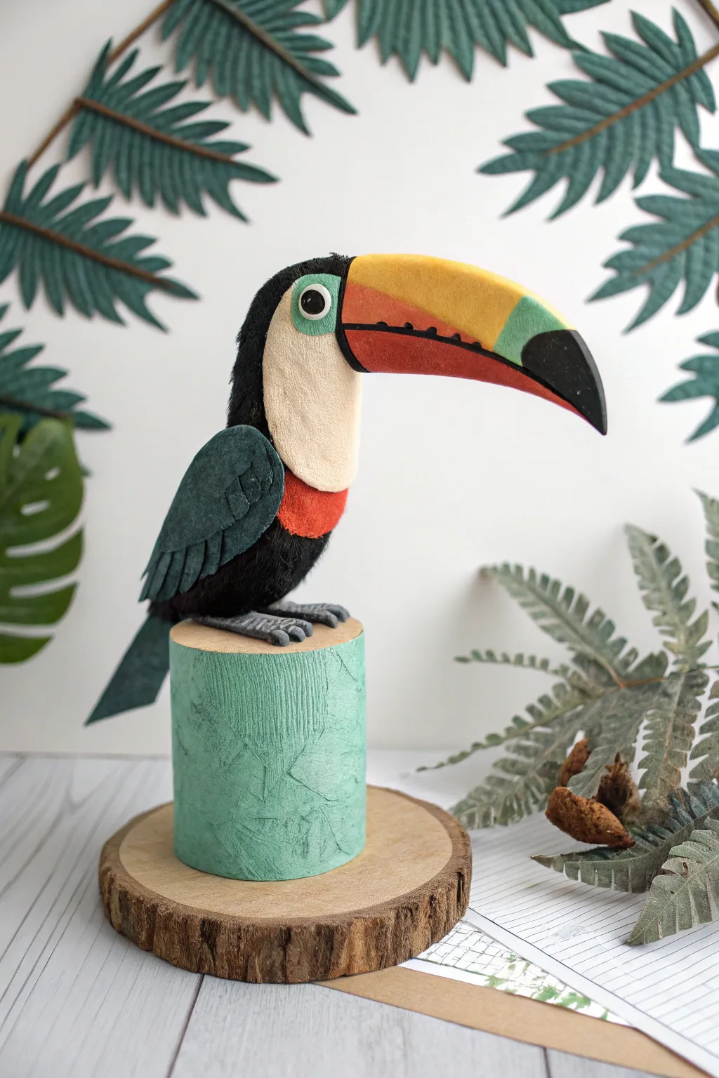 DIY toilet roll toucan with giant beak, perched in minimalist paper rainforest leaves