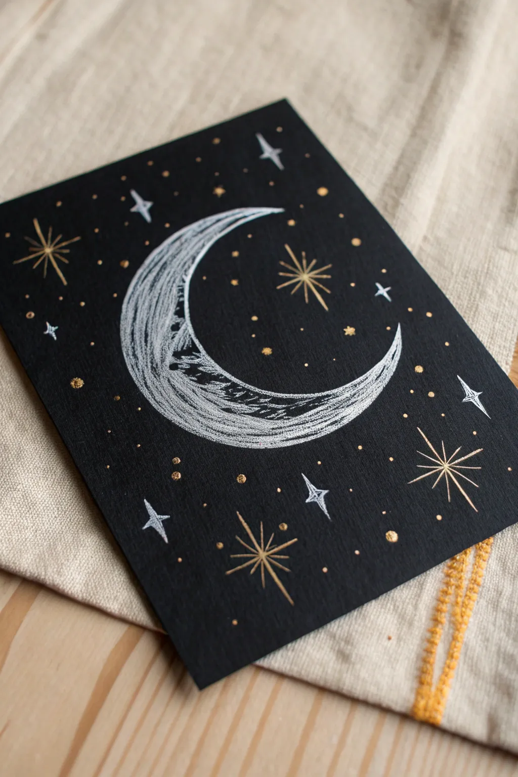 Cozy minimalist scratch art night sky postcard with a crescent moon, tiny stars, and soft glow