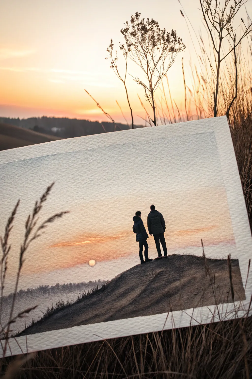 Minimalist silhouette couple at sunset, a calming easy shadow painting idea with high contrast