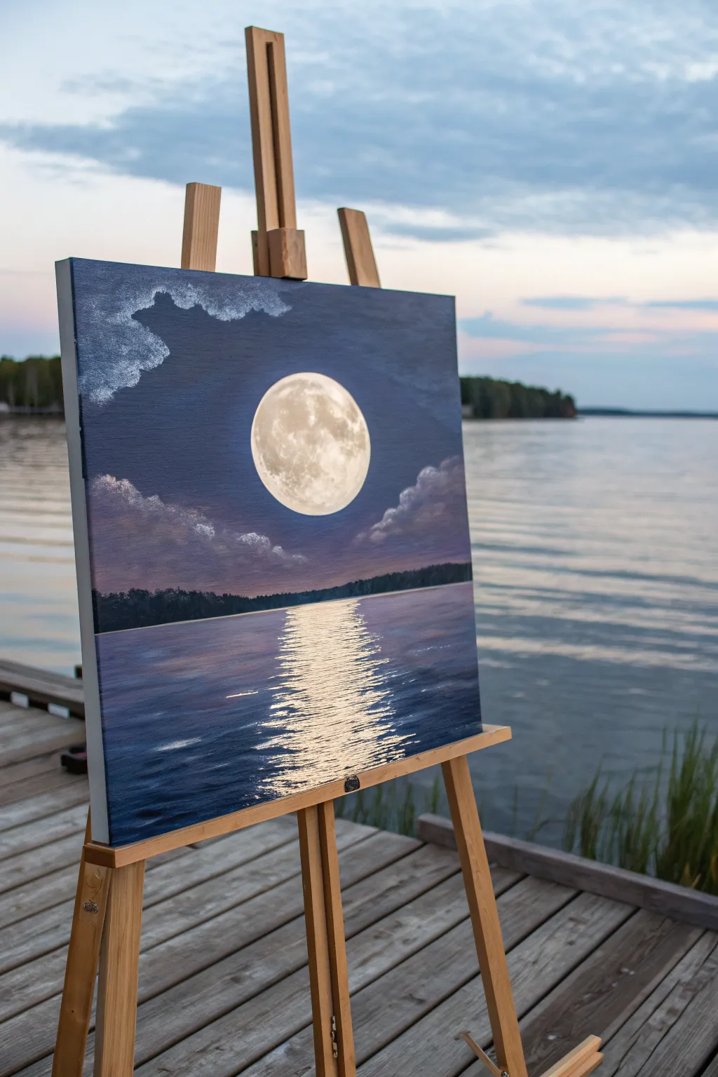 Paint a serene moon and its glowing lake reflection with easy, calming minimalist strokes.