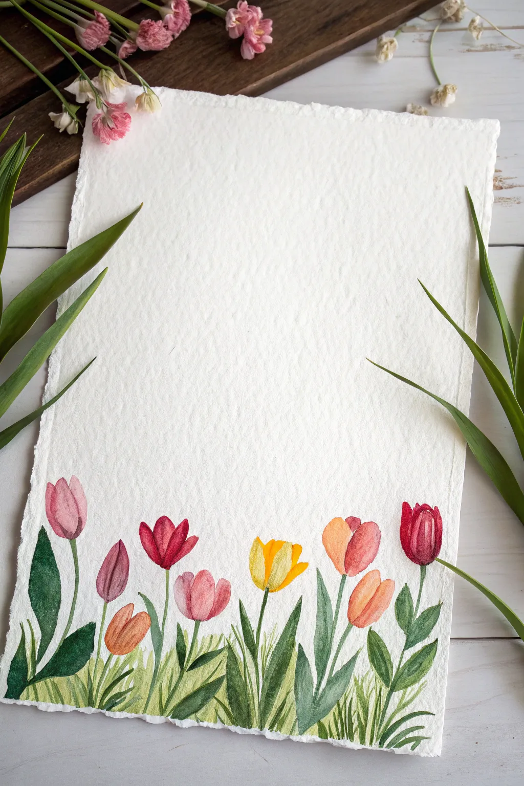 Paint a simple spring tulip row with easy leaf strokes in a fresh Scandinavian palette.