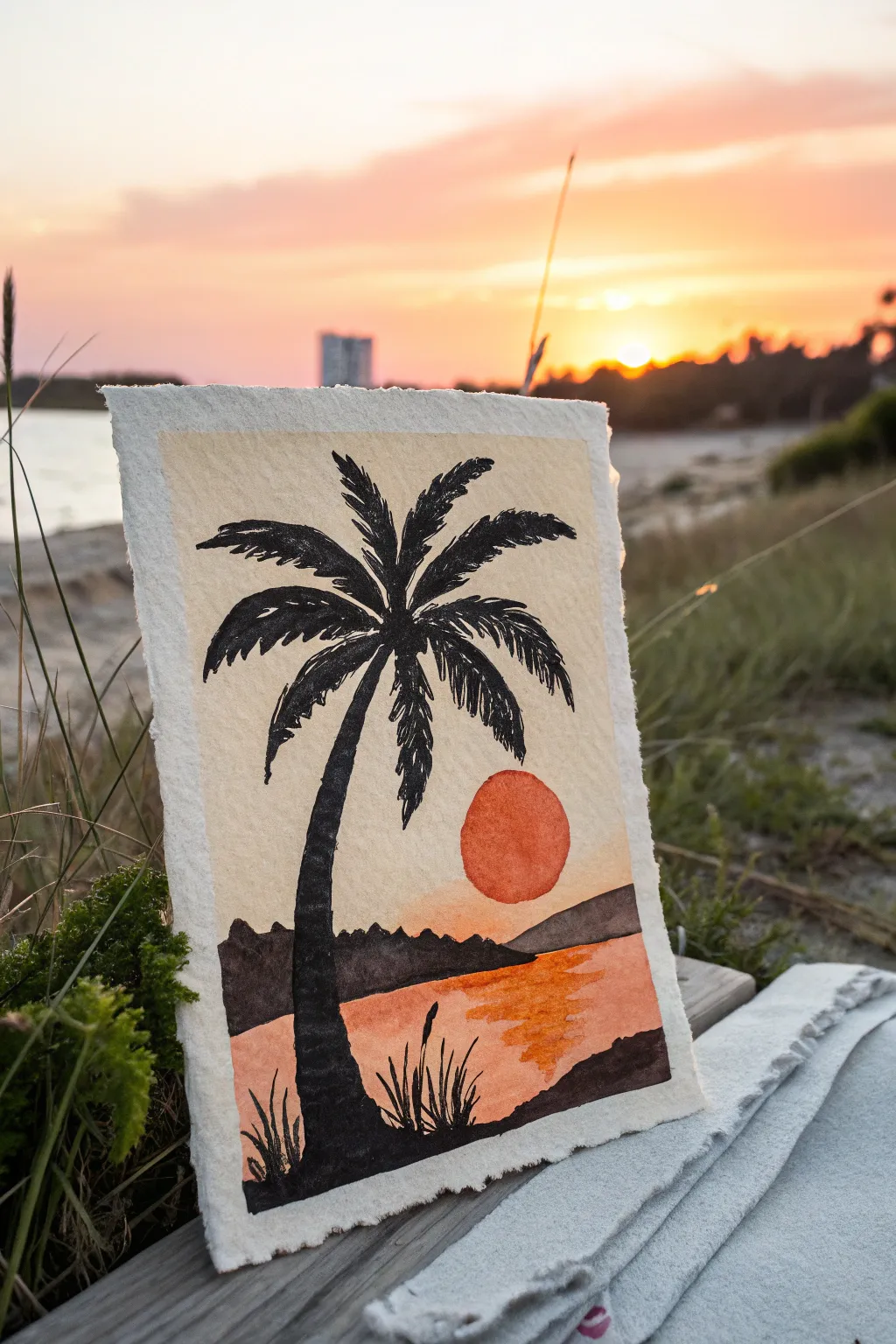 Chunky palm silhouette with a low orange sun, a simple minimalist sunset painting idea