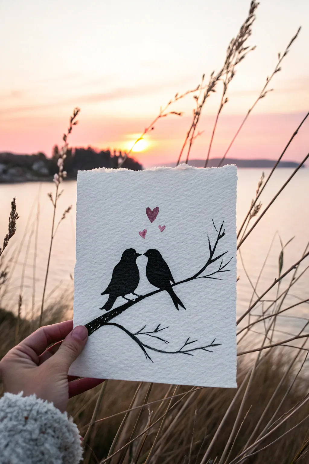 Minimal lovebirds silhouette painting on a branch with a tiny heart and dreamy pink sunset