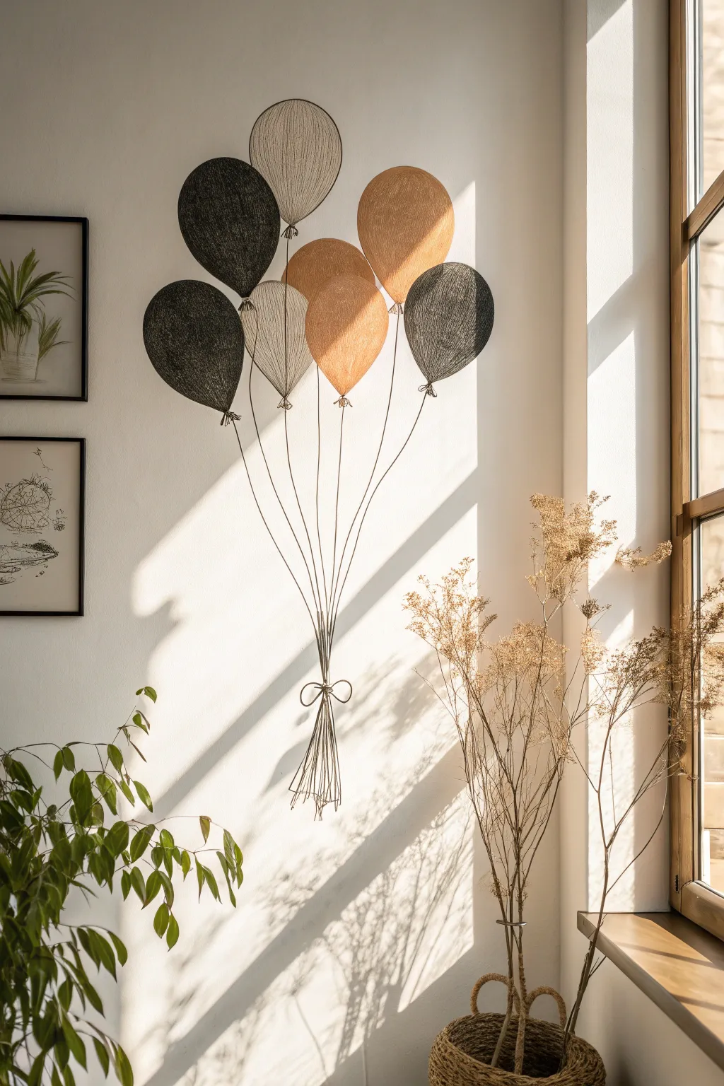 Minimal balloon cluster silhouette with one terracotta accent for an easy, chic wall drawing