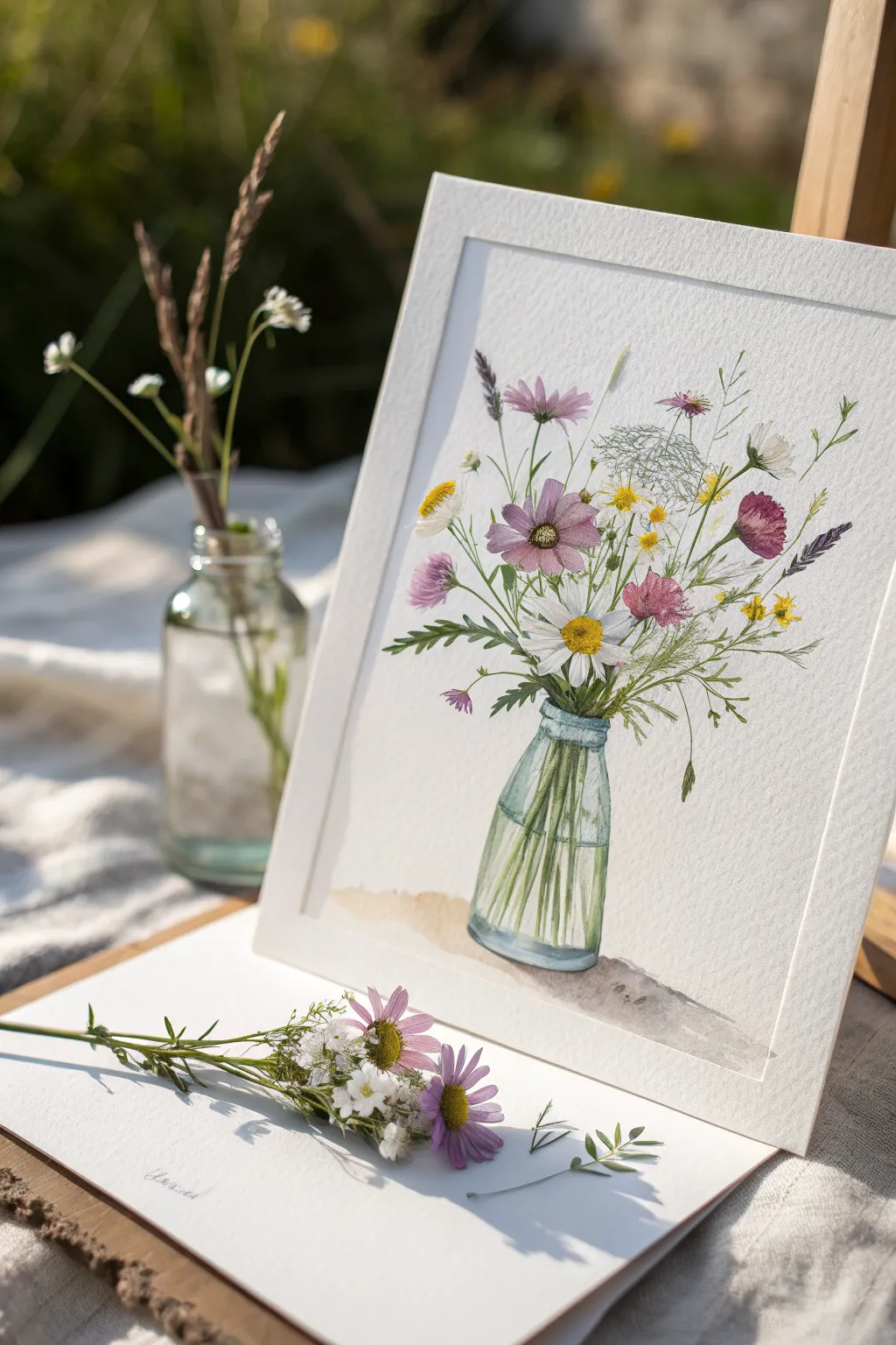 Loose wildflower bouquet in a tiny vase, easy watercolor with soft bleeds and clean space for beginners