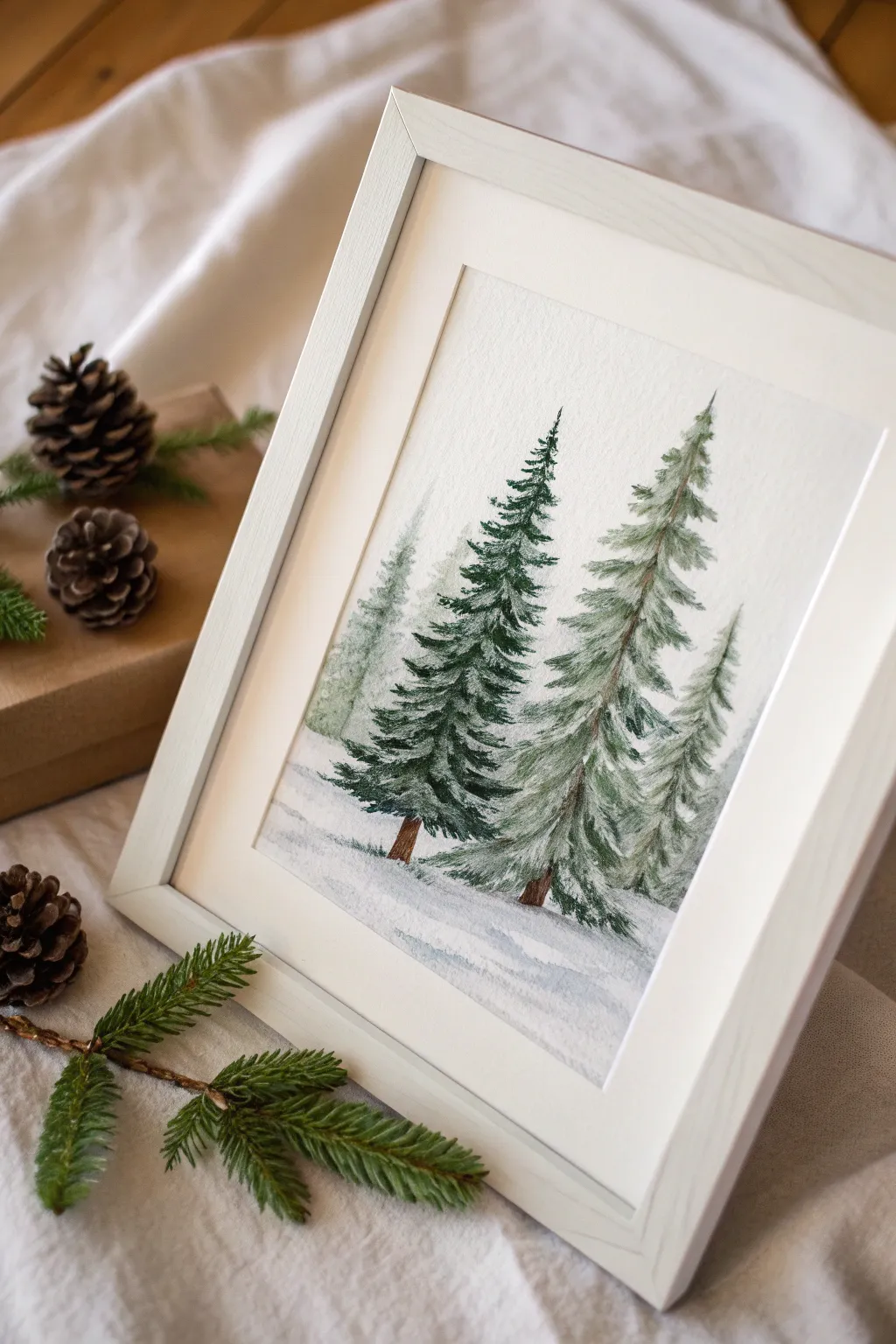 Simple dabbed evergreens with chunky snow highlights, a cozy minimalist winter painting idea