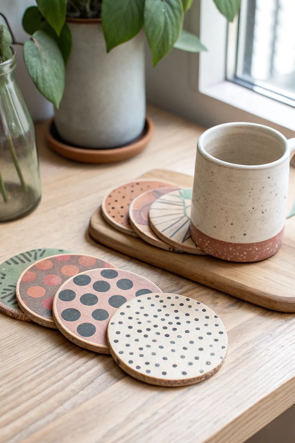 Minimalist polka dot wood slice coasters with soft boho colors, bright natural contrast