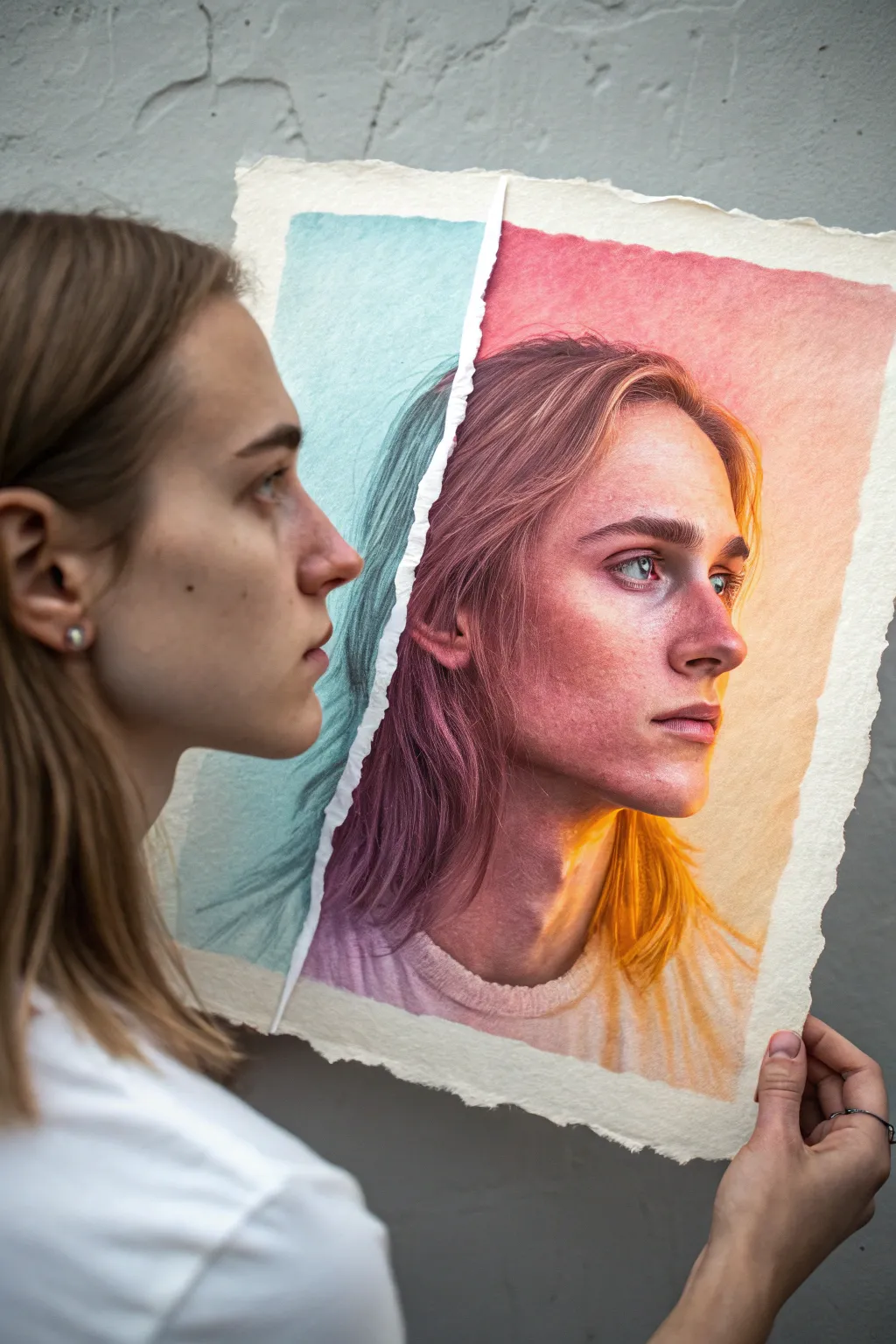 Edgy split-light self-portrait: cold neon meets warm shadow with a torn-poster edge