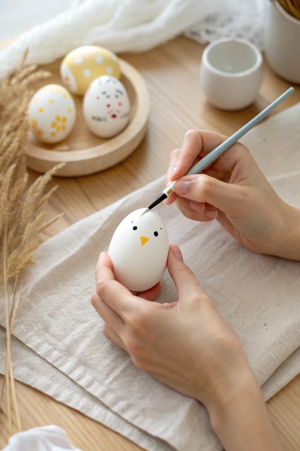 Tiny chick portraits on eggshells, painted with a fine-tip pen for sweet spring decor.