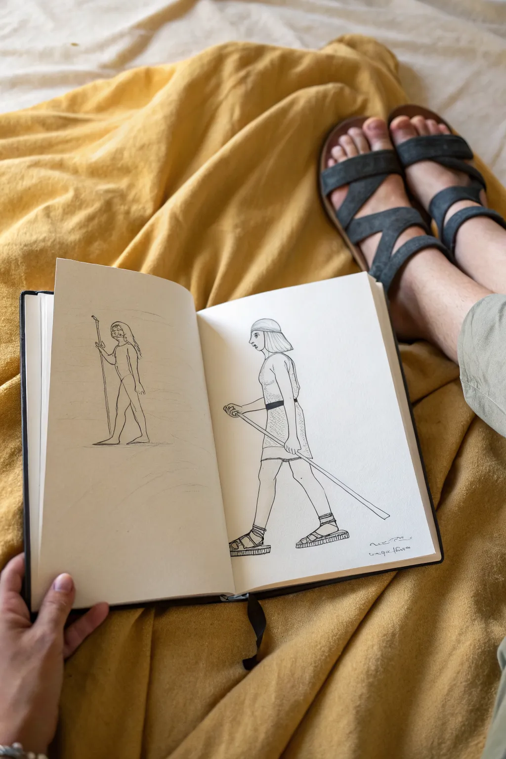 Classic Egyptian composite pose study: clean pencil lines, baseline, sandals, and staff in warm neutrals.