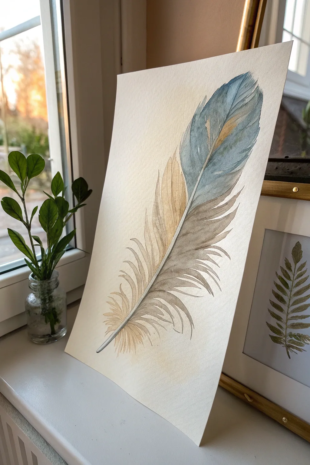 Paint a single oversized feather with soft washes and metallic veins for effortless modern elegance