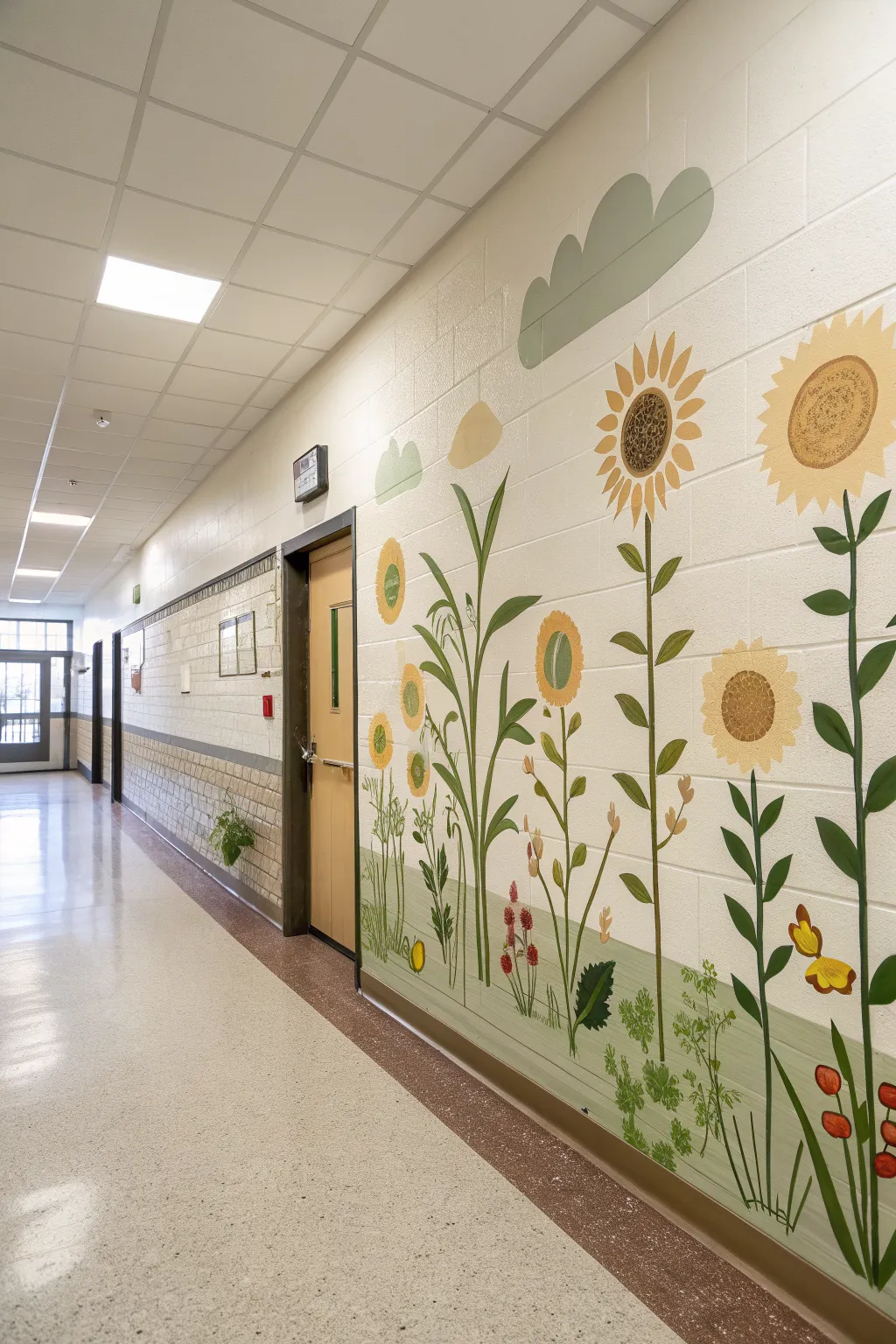Growth Mindset Garden mural: sunflowers, sprouts, and blank speech bubbles for student affirmations