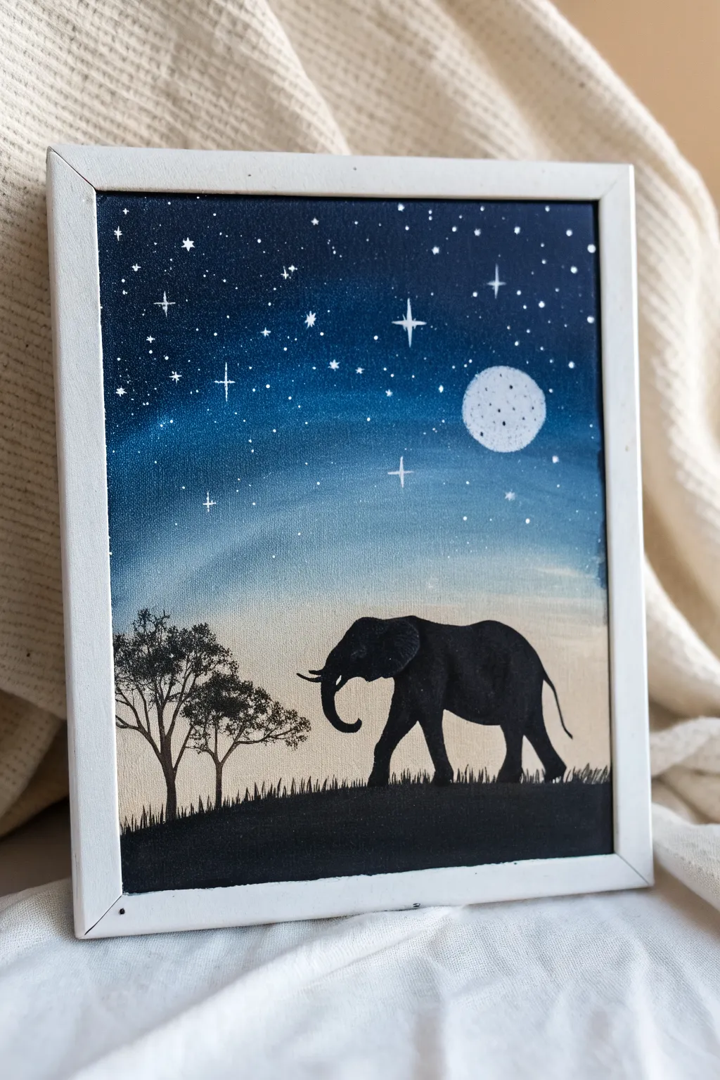 Starry night elephant silhouette acrylic idea with bold contrast and dreamy indigo sky.