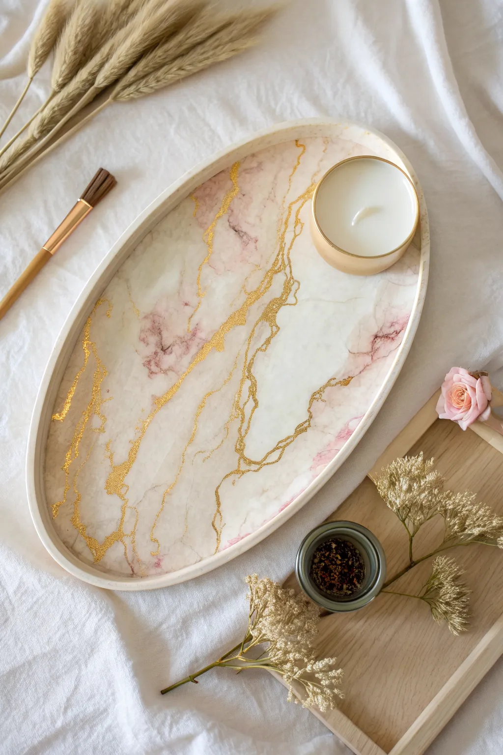 Resin serving tray with metallic veins, glossy finish, and calm minimalist boho styling