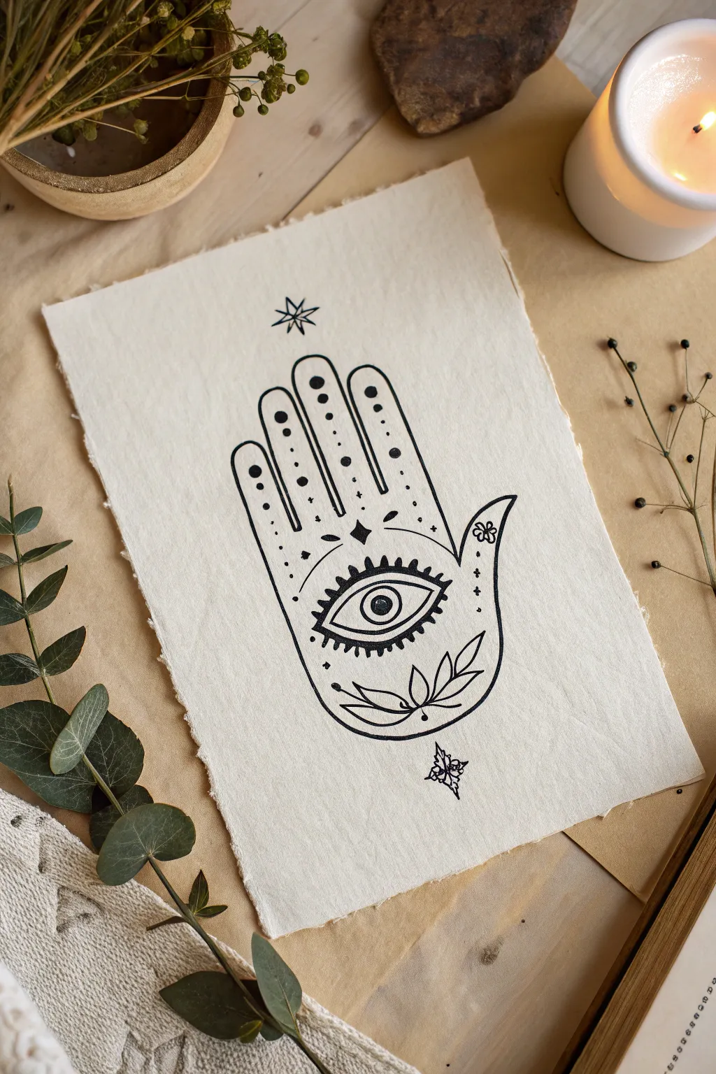 Minimalist Hamsa hand with a centered evil eye, a calm Scandinavian boho drawing idea