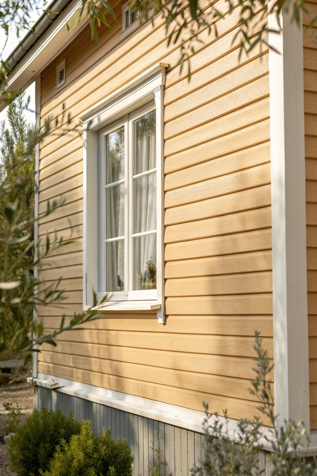 Warm beige siding with creamy trim and soft greenery for a welcoming, modern exterior.