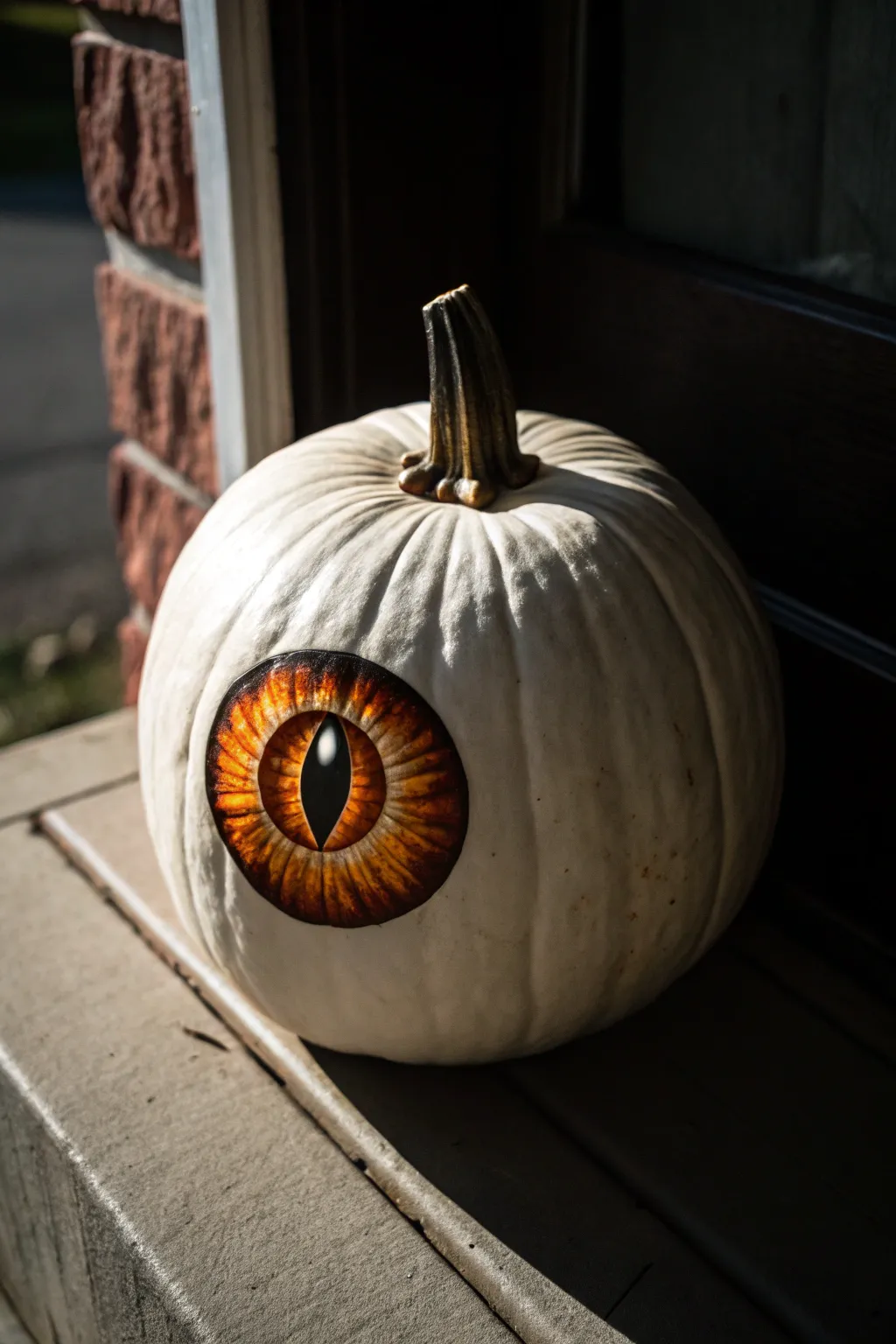 Cat-slit pupil eyeball pumpkin with moody high contrast, minimal Scandinavian styling and eerie realism