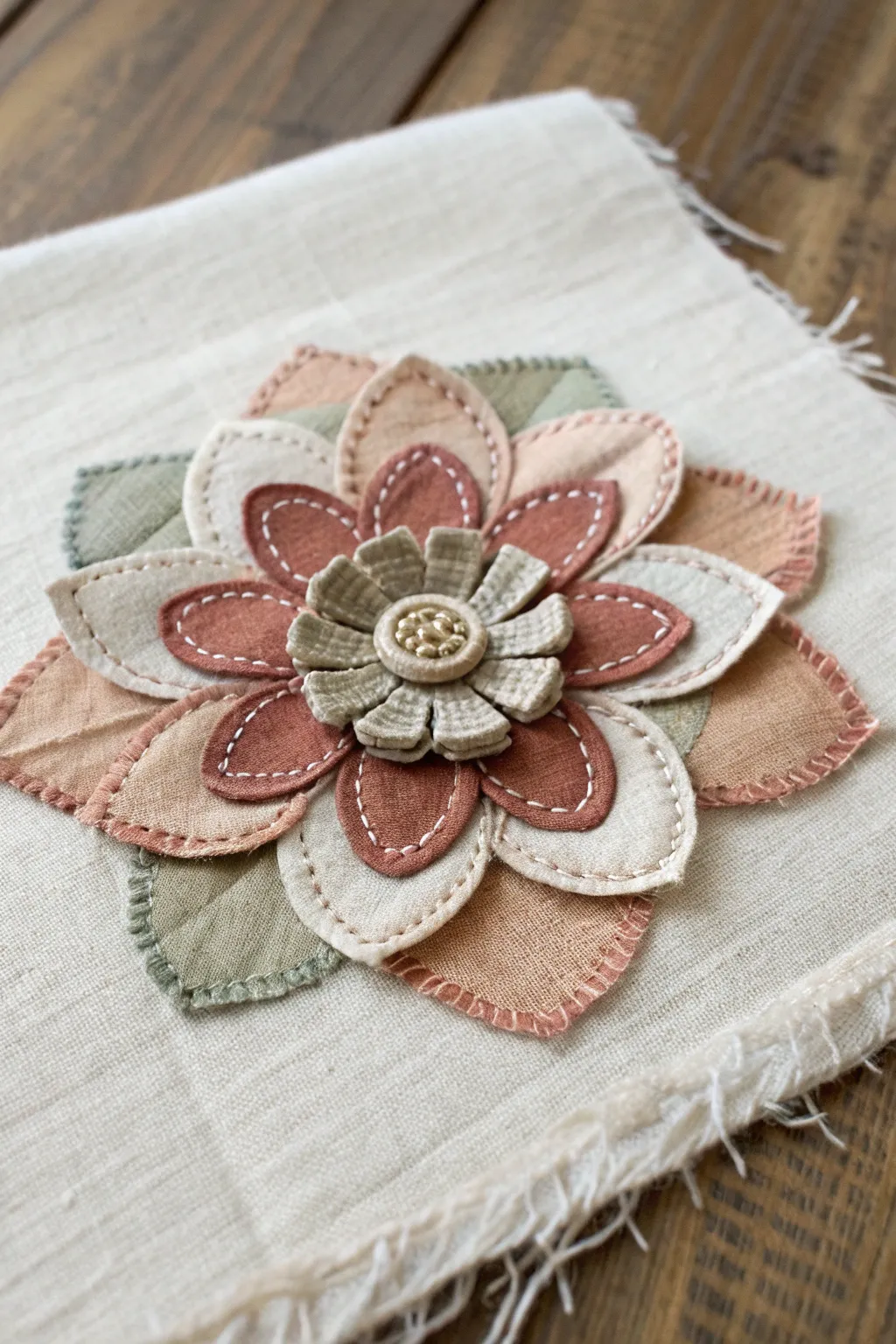 Raw-edge appliqué floral close-up: layered patterned petals stitched on linen for bold texture