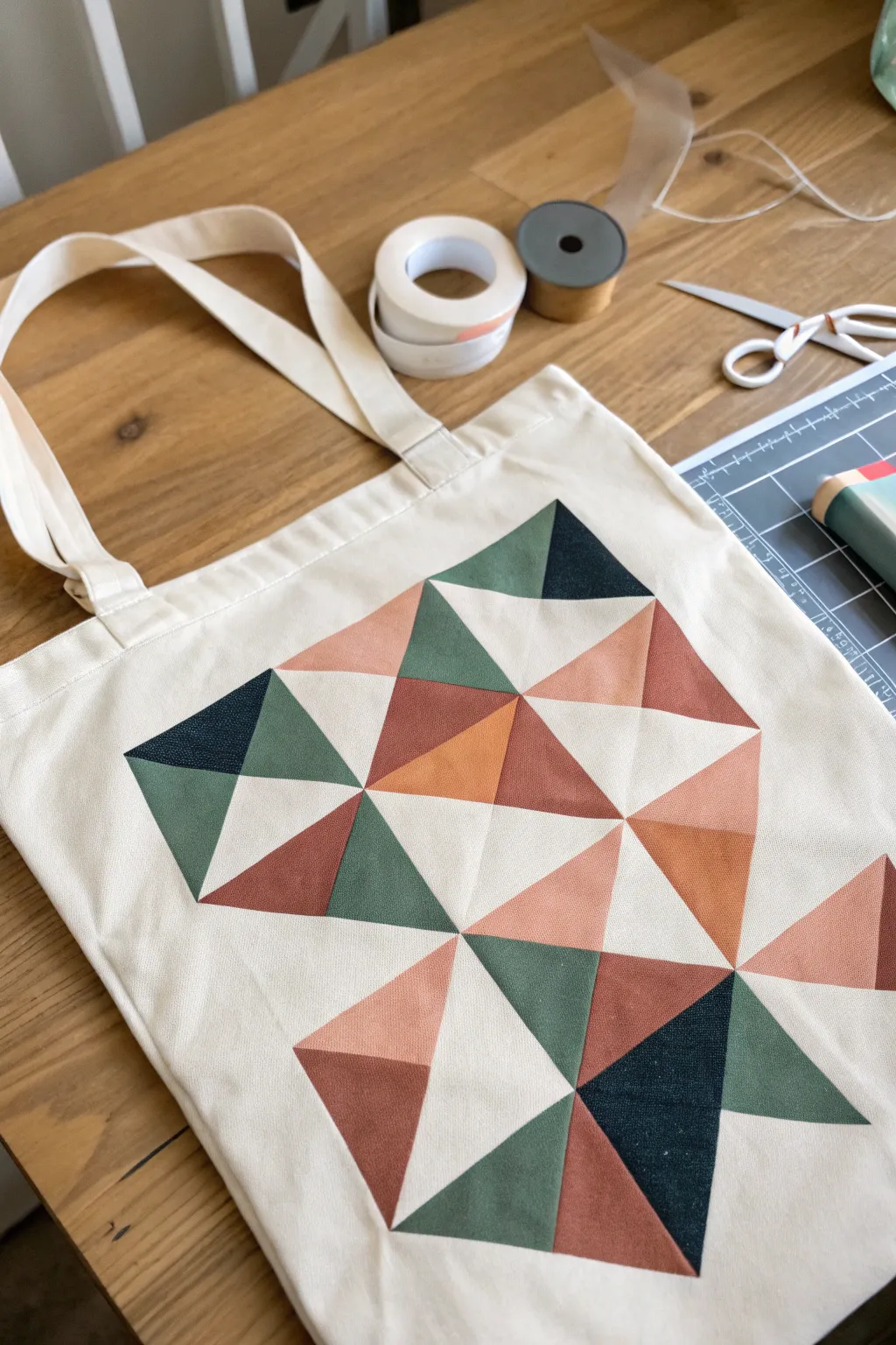 Crisp tape lines reveal bold geometric fabric paint blocks for an easy, modern DIY finish.