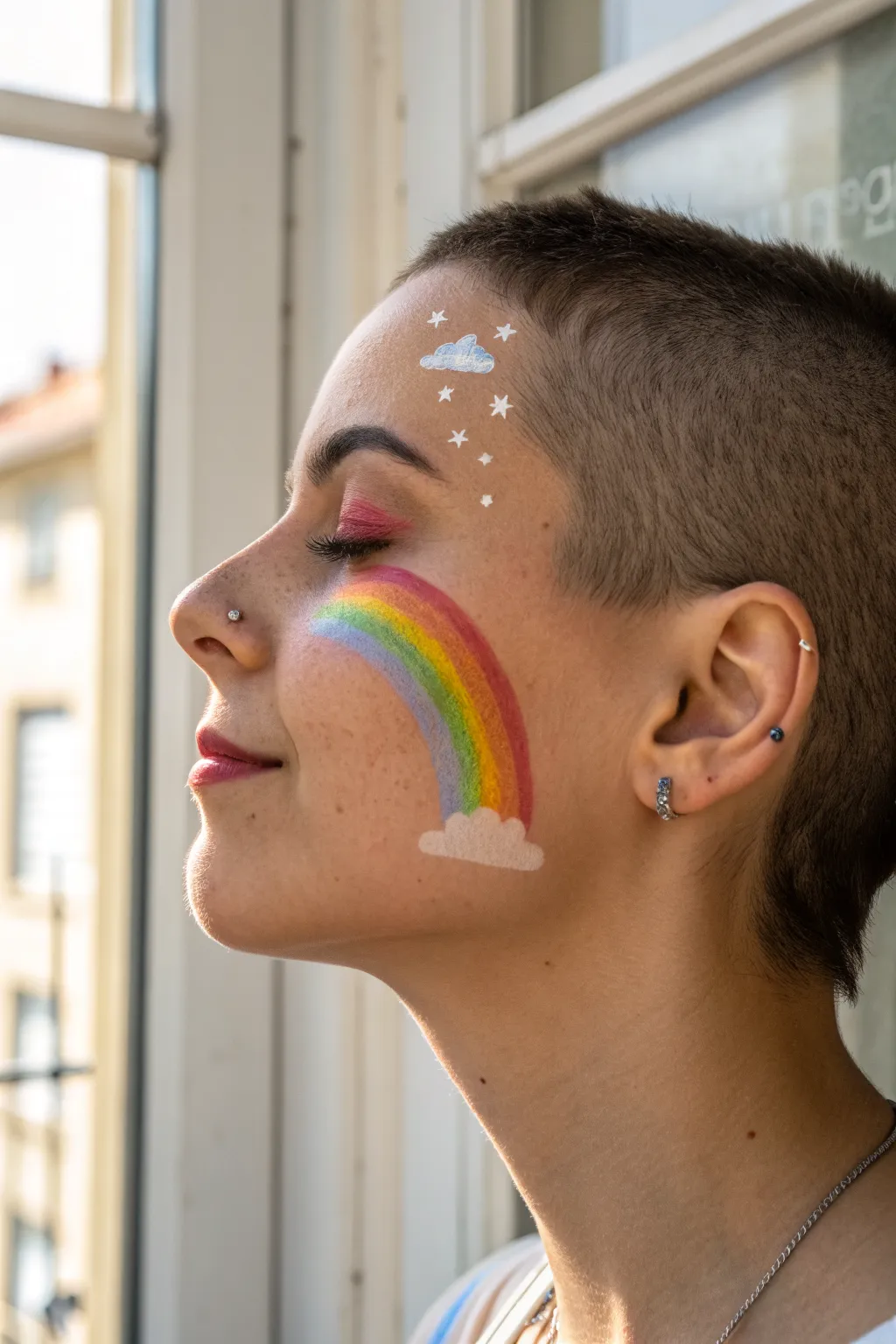 Rainbow cheek swirl with tiny clouds and star dots, clean one-stroke gradient for beginners