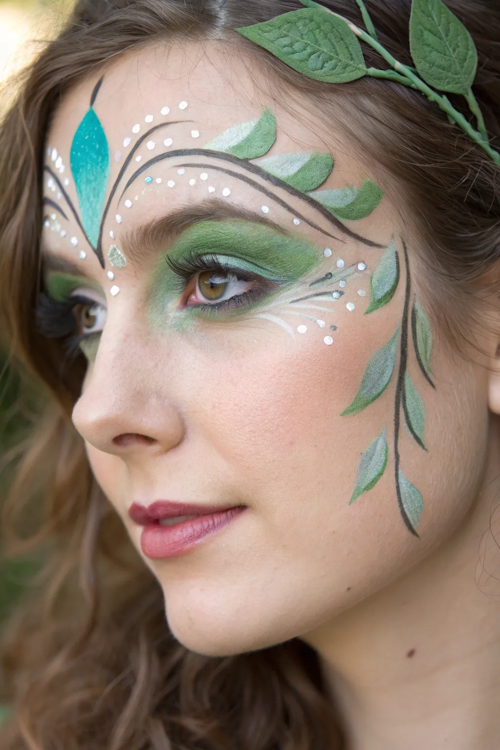 Woodland fairy face paint with teal wings, curling vines, leaf clusters, and soft fairy dust dots