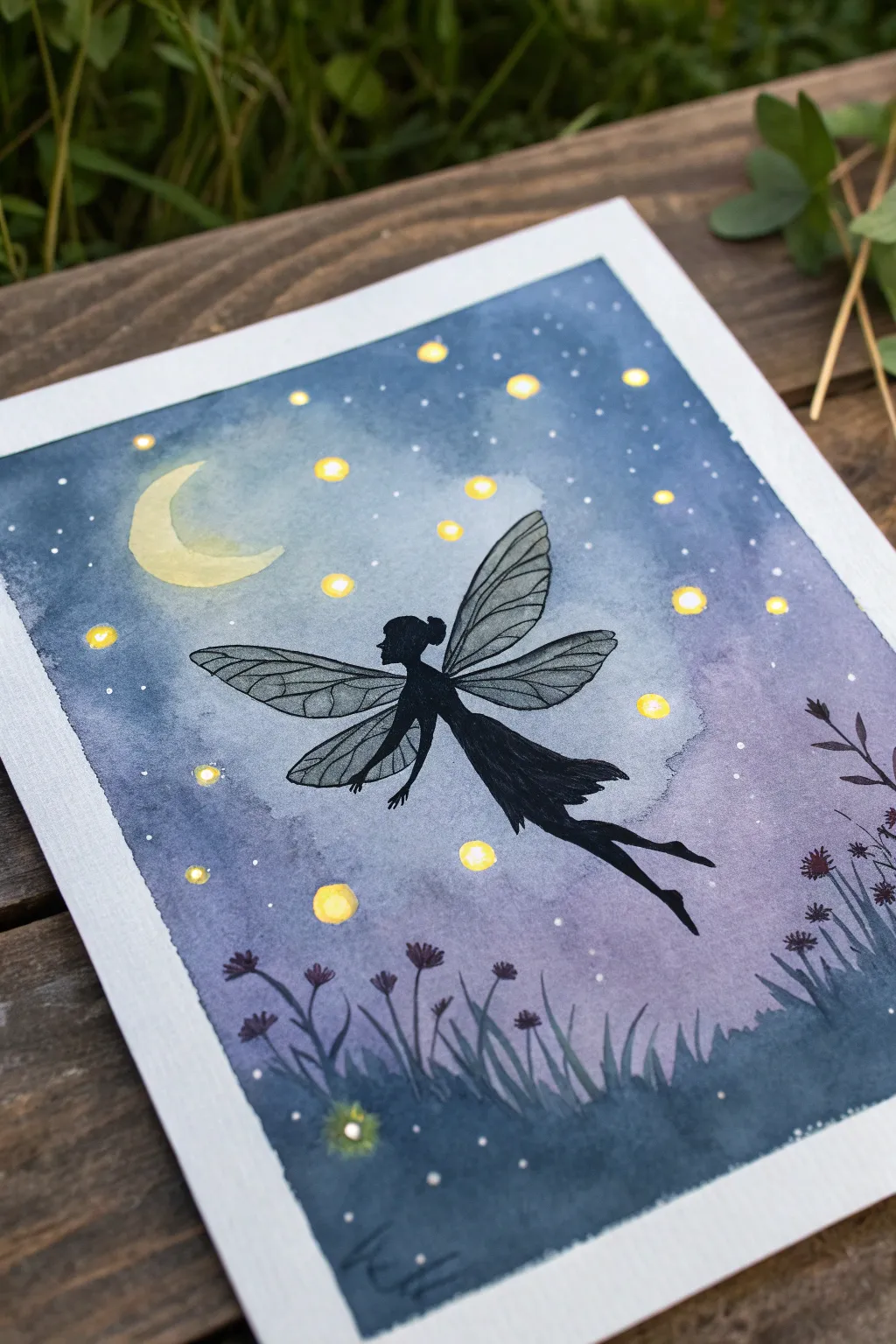 A flying fairy silhouette in twilight, encircled by soft firefly lights for magical contrast