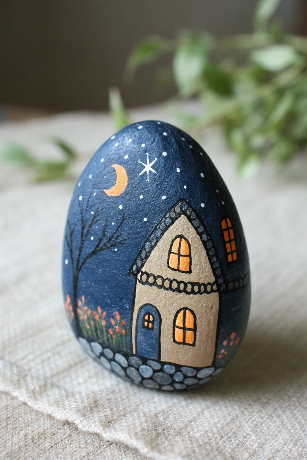 Midnight fairy rock with warm glowing windows, a tiny ledge, and ivy for a cozy sparkle.