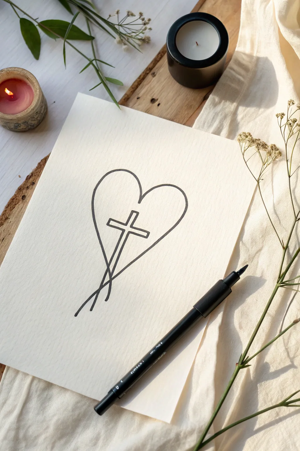 Minimal line art: a heart flowing into a cross, calm Scandinavian simplicity with handmade warmth.