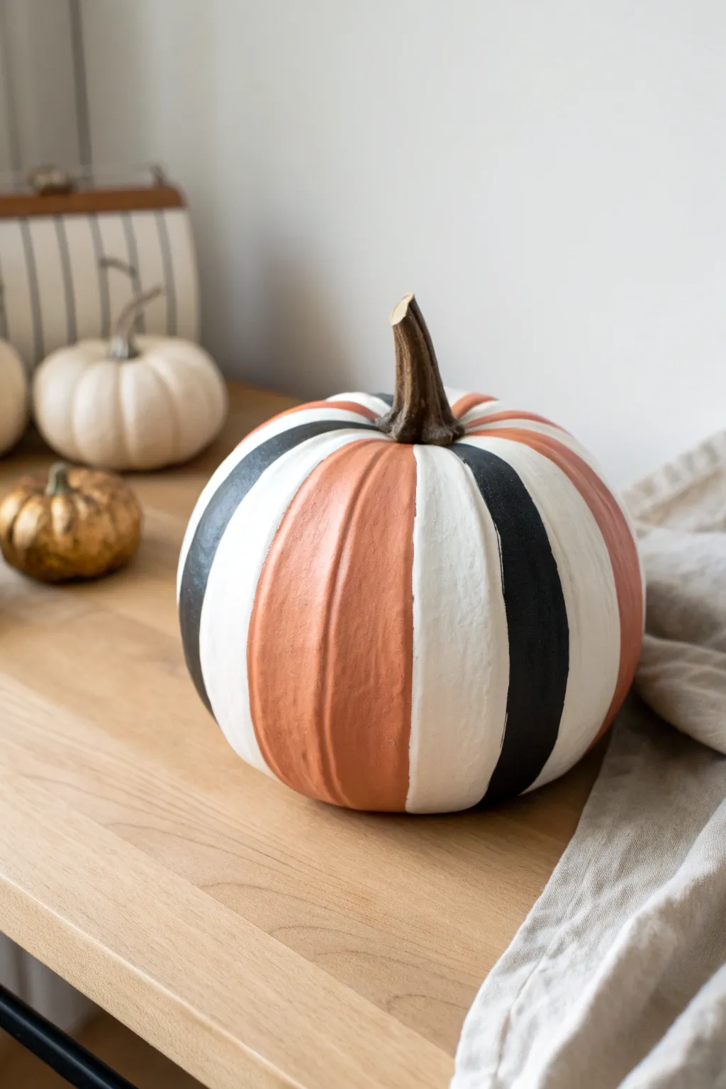 Bold stripes meet modern color blocks on a chic faux pumpkin, perfect for minimal fall decor.