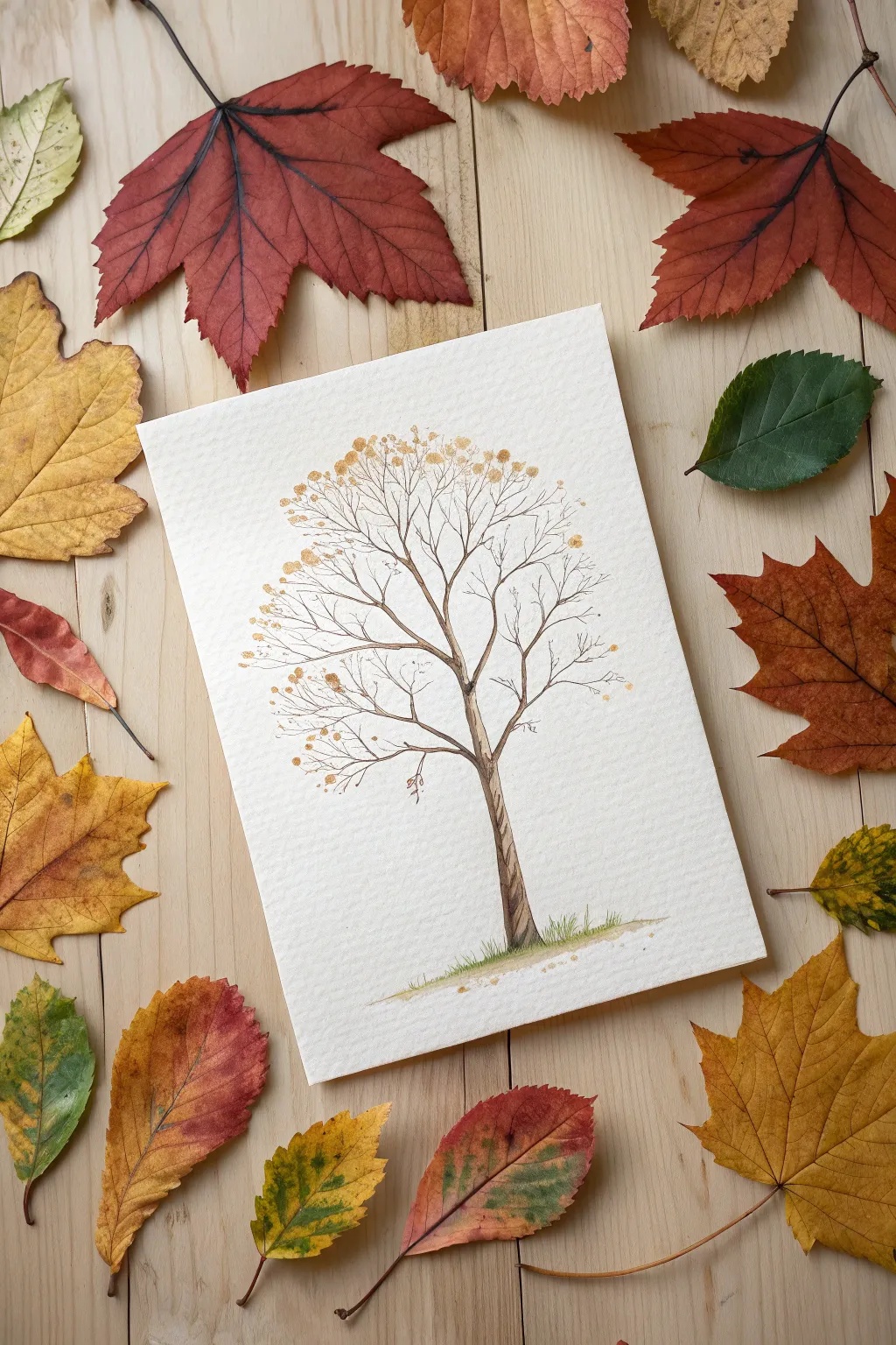 Fingerprinted fall leaves form a cozy leaf carpet under a simple tree, easy and pretty to paint.
