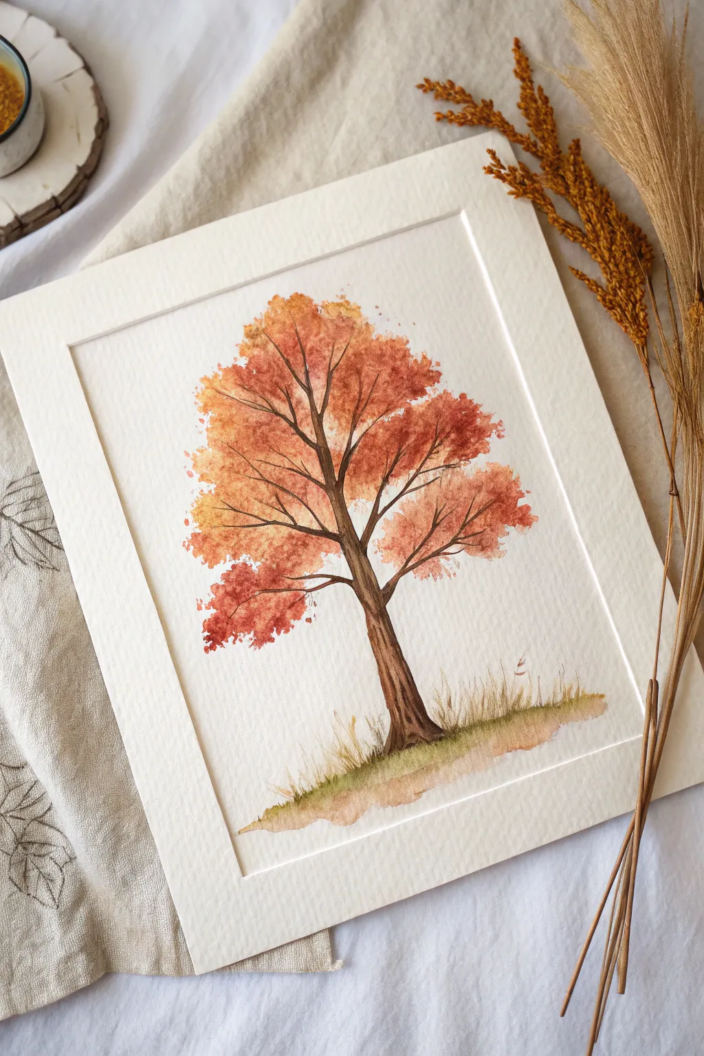 Easy fall tree painting with dabbed orange, red, and gold foliage on a soft sky wash.