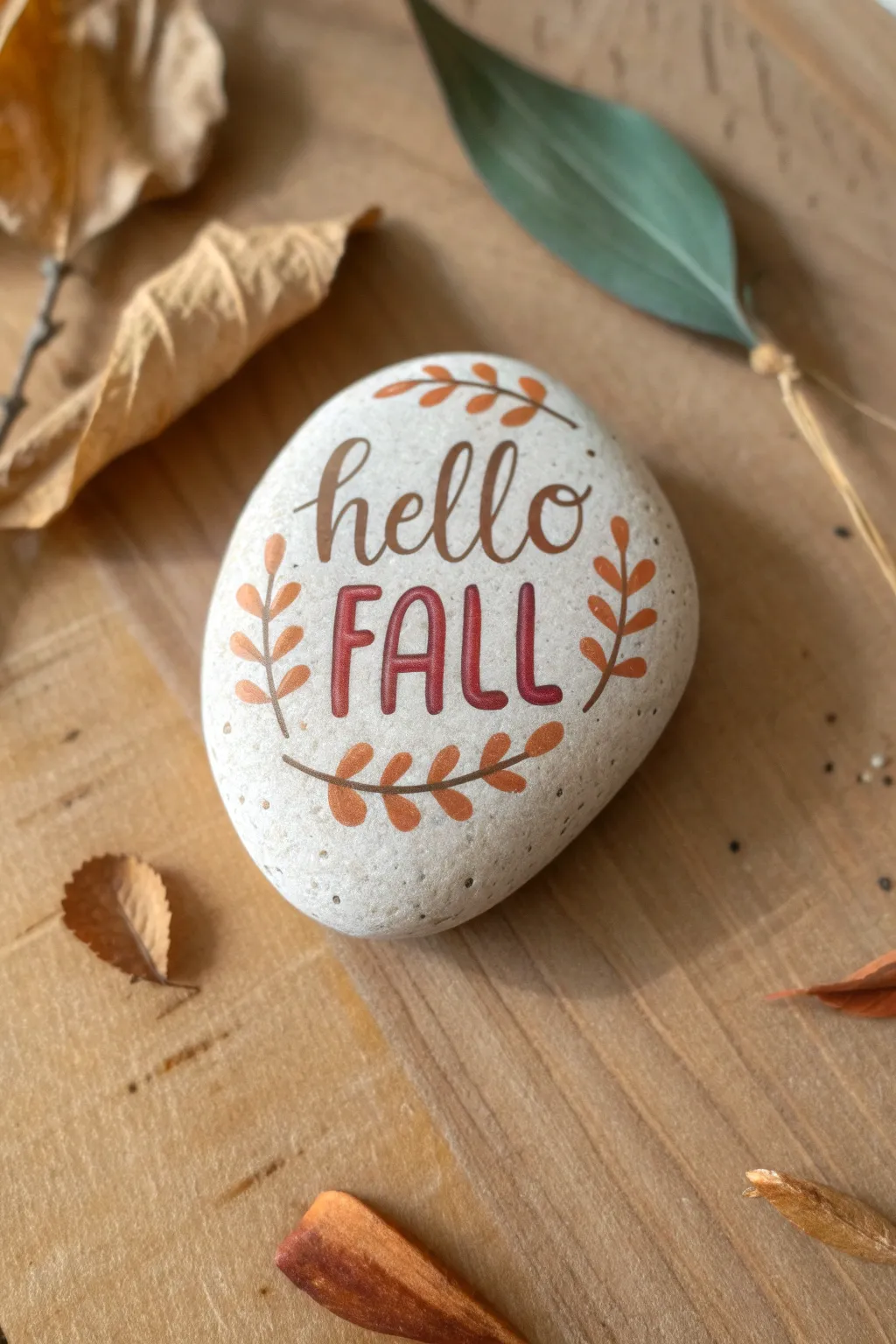 Hello Fall rock painting with crisp hand lettering and tiny leaf details on warm wood