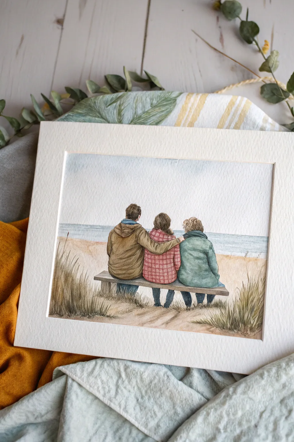 Cozy back-view family portrait with linked arms, minimalist horizon, Scandinavian boho calm