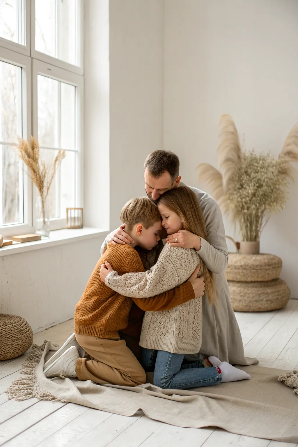 Sibling hug stack centered, parents softly framing behind for a warm, timeless family portrait idea