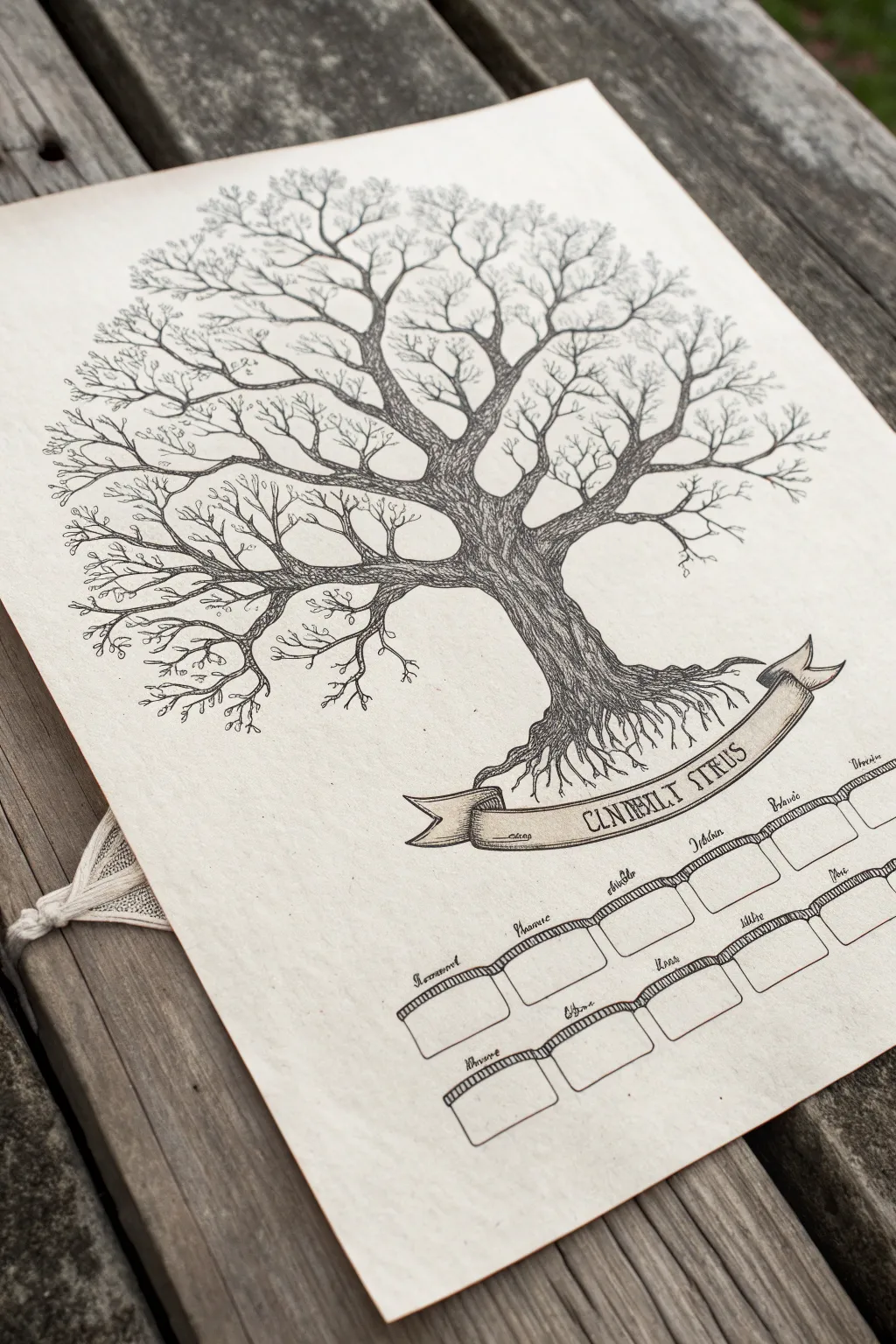 Minimal root-and-banner family tree drawing with bold roots and clean name spaces, no text