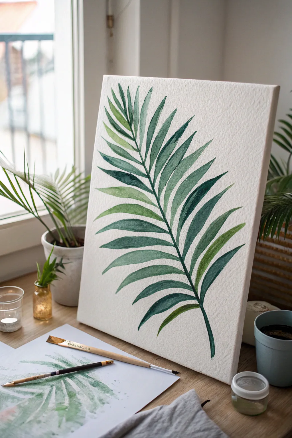 Palm fronds radiating from one center point, fan brush sweeps in a calm Nordic boho palette.