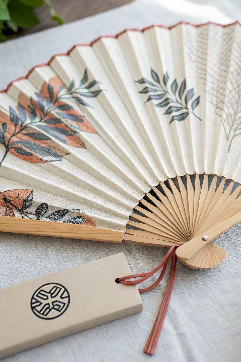 Folded fan with ribbon, hand-painted border and monogram emblem for elegant fan painting inspiration.