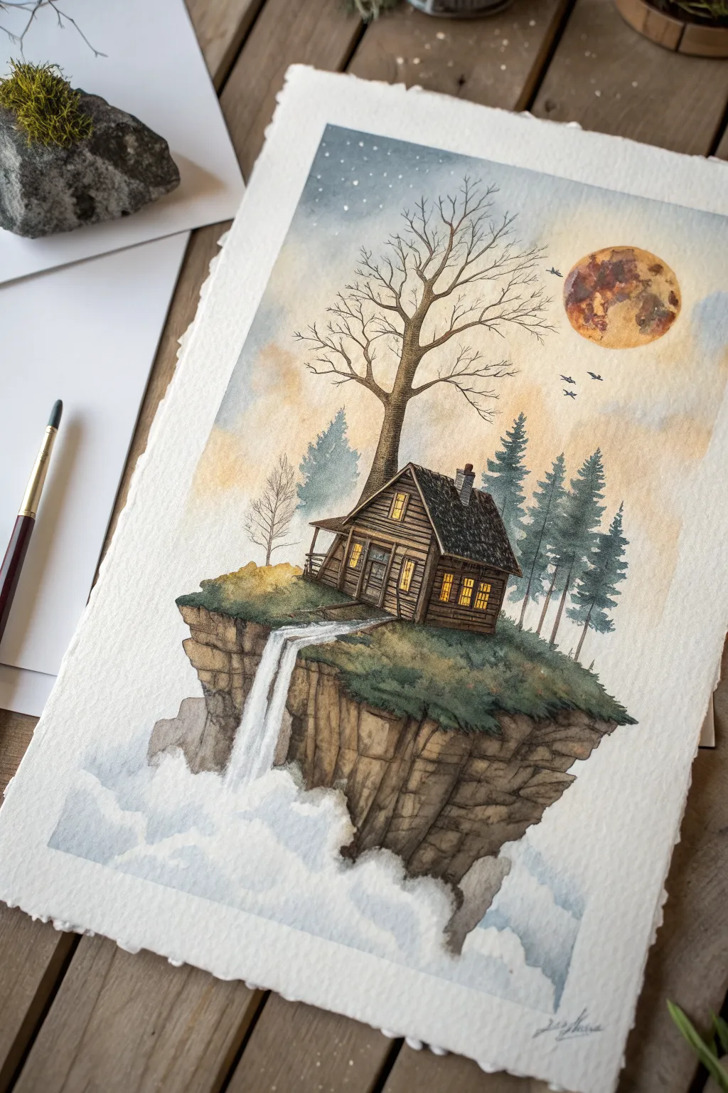 Floating island cabin concept art: minimalist boho mood, roots, rocks, waterfall into clouds