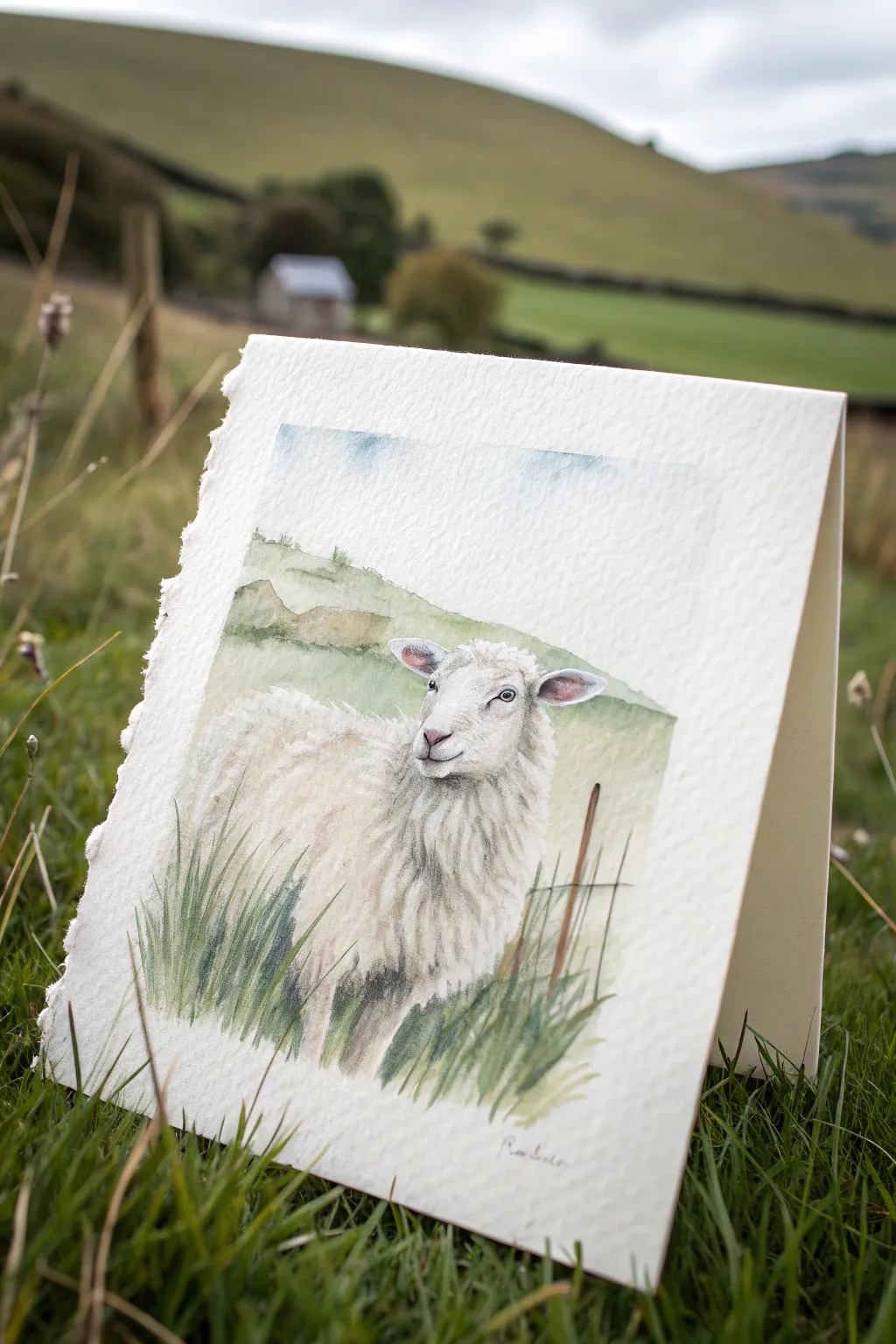 Dreamy sheep on a soft green hill, minimalist farm scene with gentle edges and calm contrast