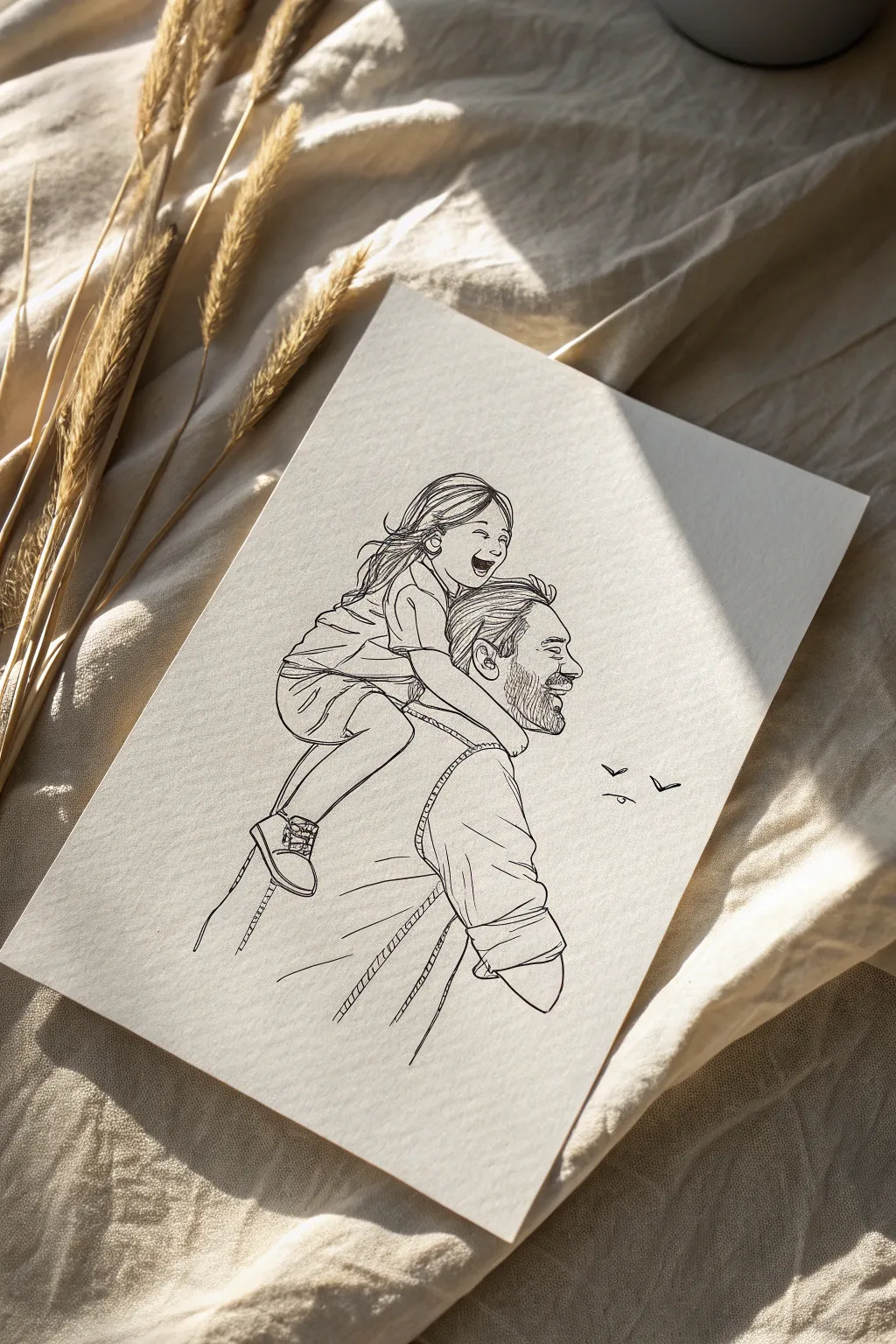 Piggyback ride line art capturing dad strength and daughter laughter in motion today