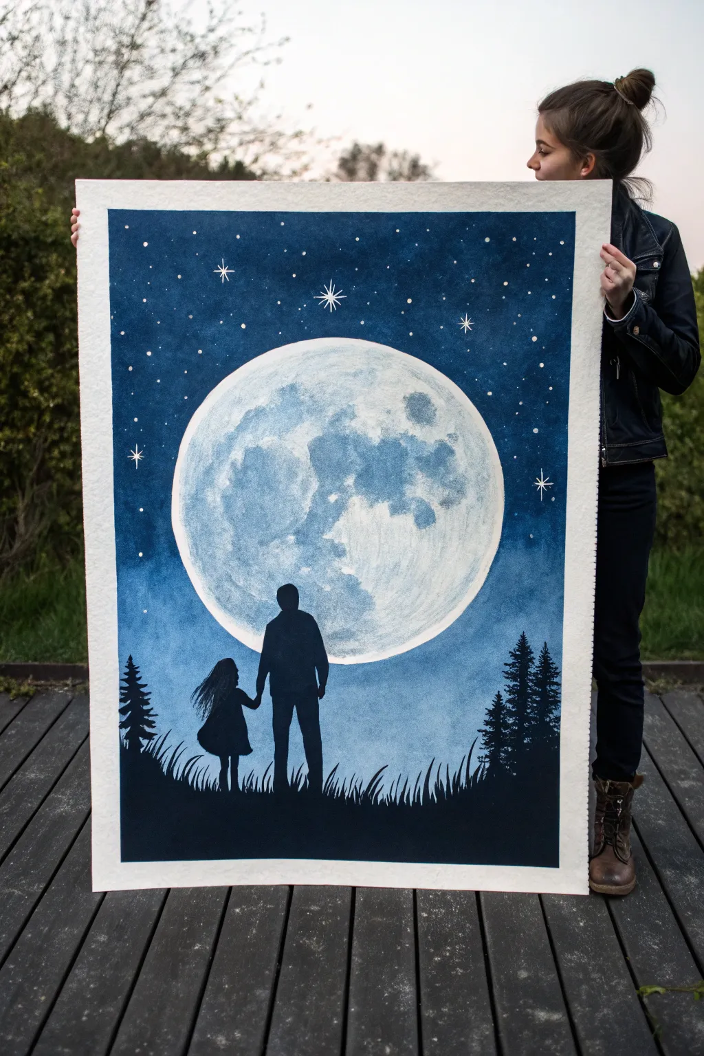 Paint a glowing moonlit sky with a sweet father daughter silhouette, calm and minimalist.