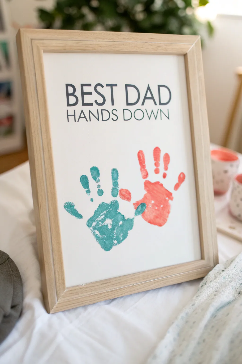 A sweet Fathers Day keepsake: bold toddler handprints on a clean Scandinavian style poster