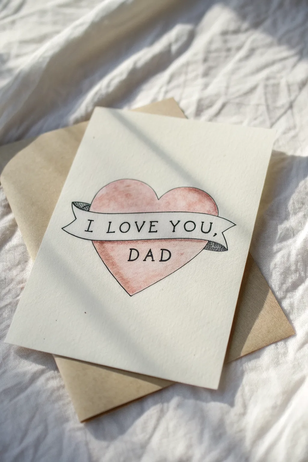 Simple heart and ribbon banner drawing idea for Fathers Day with gentle boho watercolor