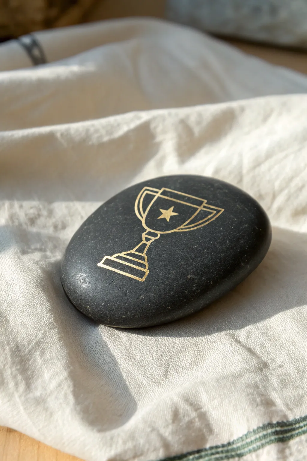 Minimal trophy rock paperweight in charcoal and gold, a simple handmade Fathers Day gift